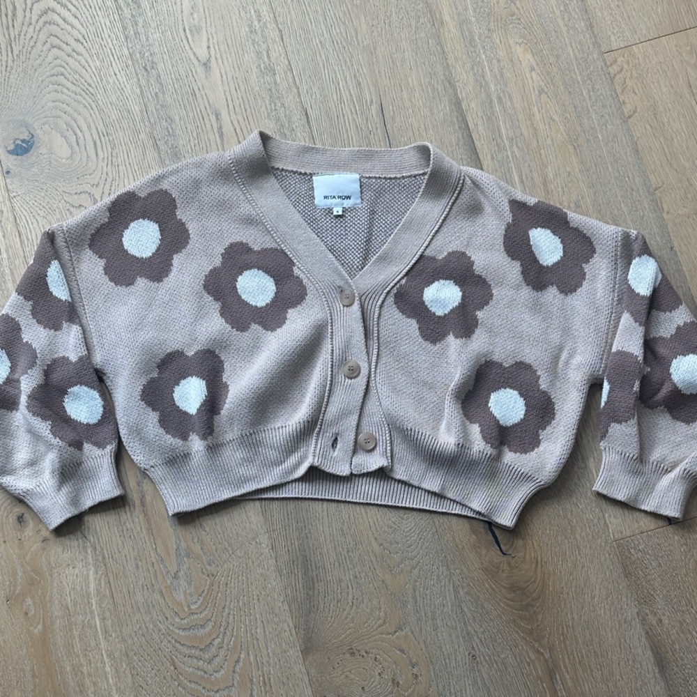 Floral Cropped Button-Front Cardigan - Beige